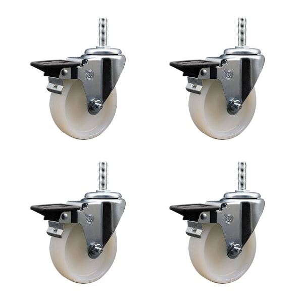 4 Inch Nylon Wheel Swivel 34 Inch Threaded Stem Caster Set with Brake SCC
